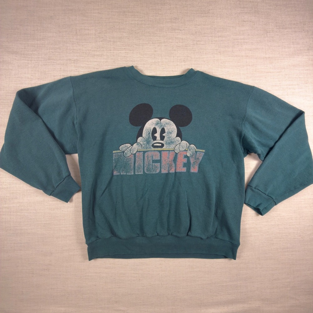 Vintage‎ Mickey Mouse Disney Graphic Sweatshirt Teal Green Pullover Crewneck L
